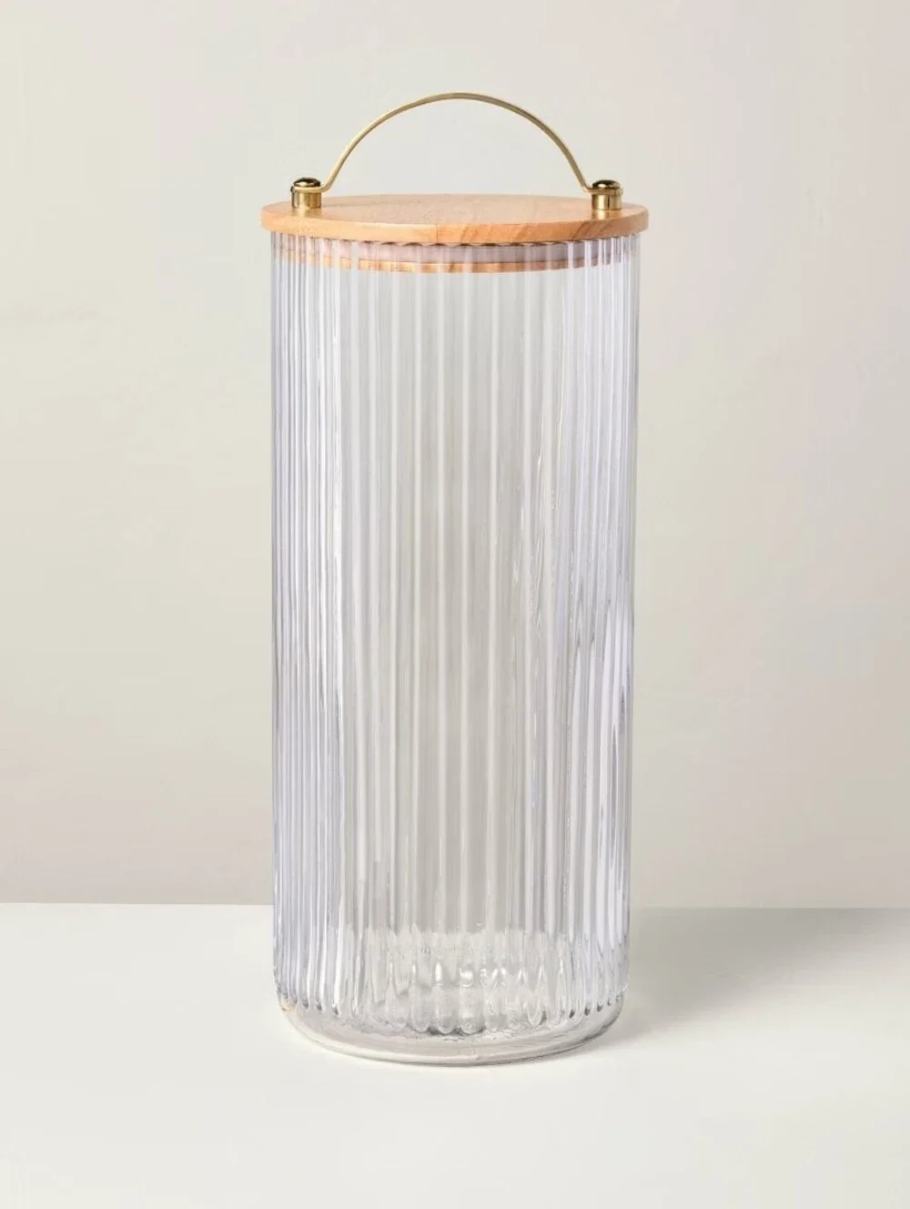 Hearth & Hand NWT 80oz Fluted Glass Storage Jar With Wood Lid And Brass Handle